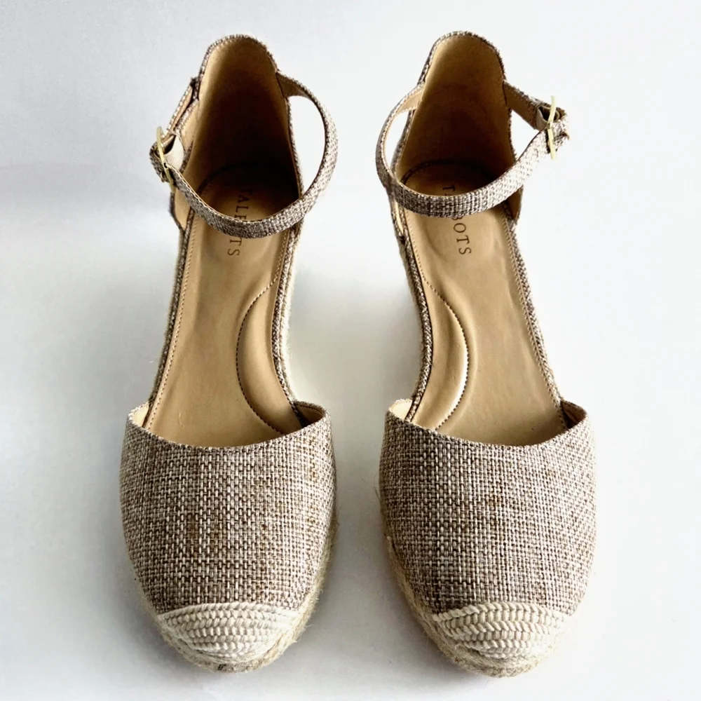 Talbots New Espadrille Wedge Heels With Ankle Strap, Brown, Tan, & Gold, Size 8